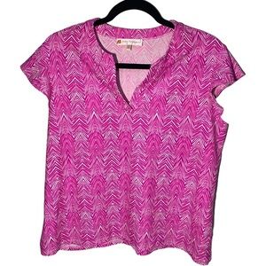 Jude Connally Womens Large Dani Top Hot Pink White Short Sleeve‎ Split V Neck